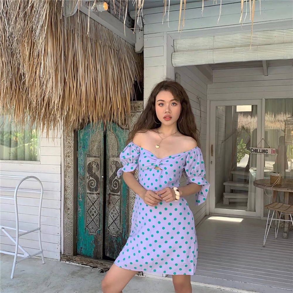Cute purple dot mini off shoulder dress